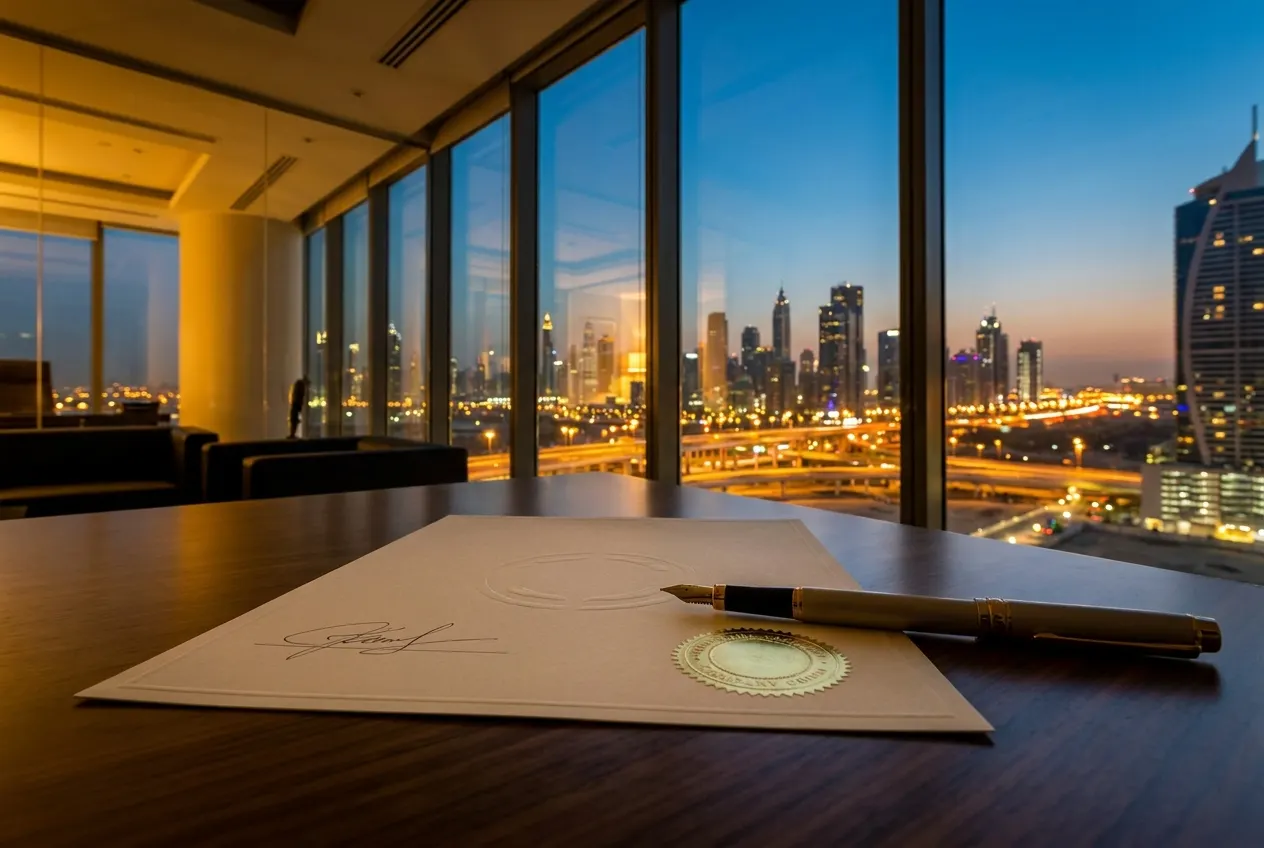 A signed corporate document in a Dubai office