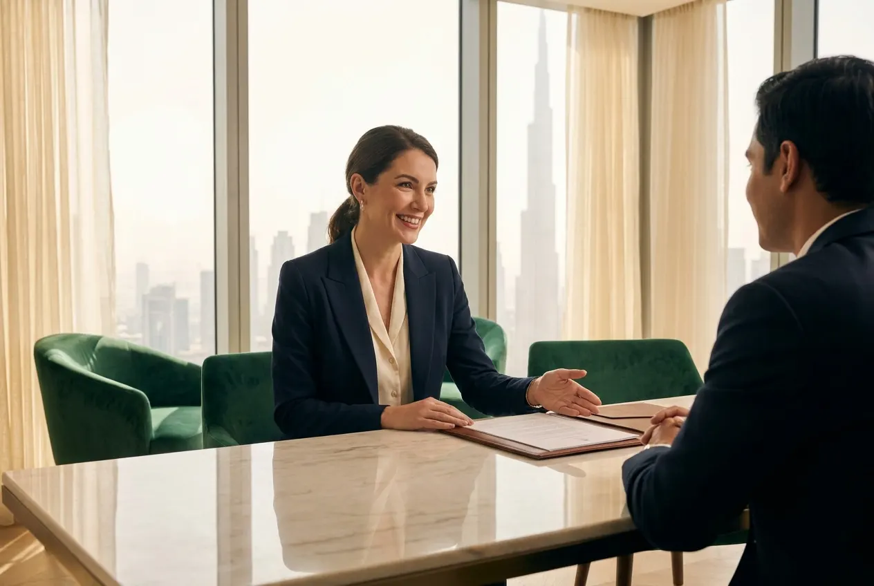 A FastPOA specialist guiding a client through documents in a Dubai office