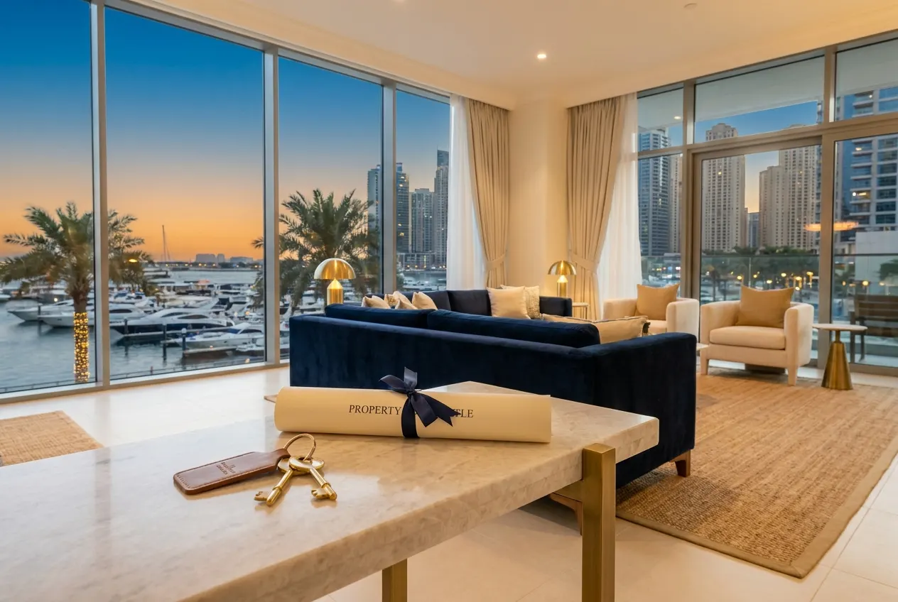 A luxury Dubai Marina apartment with keys and a title document